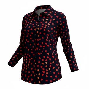 Women's Black Red Heart Print Button Valentine Office Top 22/24WUS